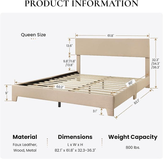 SHA CERLIN Linen Upholstered Queen Size Bed Frame with Headboard, Beige | Adjustable Low-Profile Platform Bed, Minimalist Design, Stable Mattress Foundation, Strong Back-Support, No Box Spring Needed