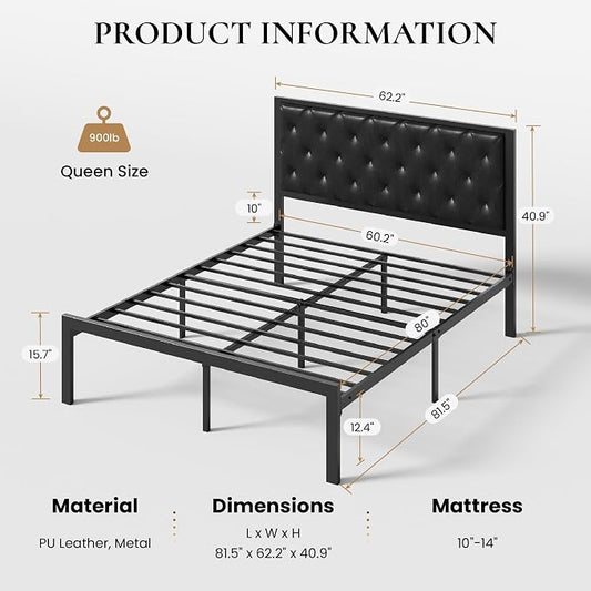 SHA CERLIN Queen Size Metal Bed Frame with PU Tufted Headboard, Black | Modern Design Heavy-Duty Platform Bed, No Box Spring Need, PU Leather Upholstery, Noise Free, Easy Assembly