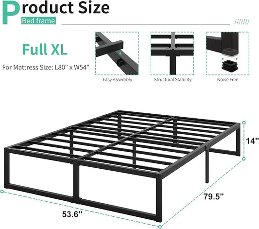 Lutown-Teen 14 Inch Full XL Size Bed Frame No Box Spring Needed, Heavy Duty XL Full Metal Platform Beds with Sturdy Steal Slats for Mattress Foundation, Easy Assembly, Noise Free, Black