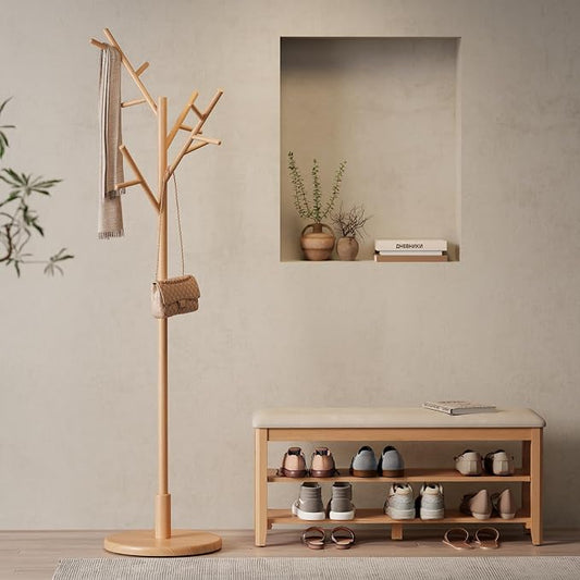 Muwuele Coat Rack,Solid Wood Coat Rack Freestanding with 12 Hooks,Coat tree freestanding 3 Adjustable Heights for coat, Hats, Handbags,Coat Stand for Entryway,Bedroom (Natural)