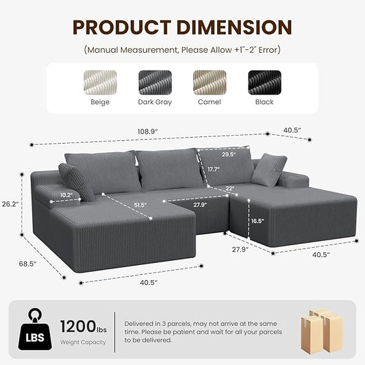 kinmars 108" Boneless Sectional Couch,Corduroy Cloud Couch Sectional for Living Room,Modern U Shaped Modular Sectional Couch,3 Seater Sofa (Dark Gray, 108.9" U Shaped with Ottoman)