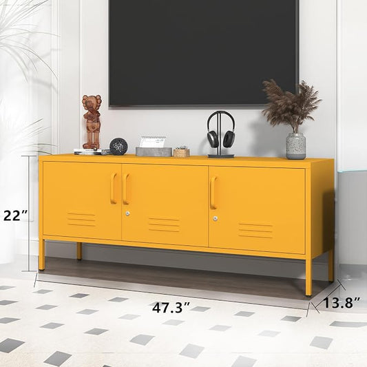 Metal Storage Cabinet with Adjustable Shelves Lockable TV Stand Home Tool Metal Cabinet Easy Assembly Yellow 22" H X 47.3" W X 13.8" D