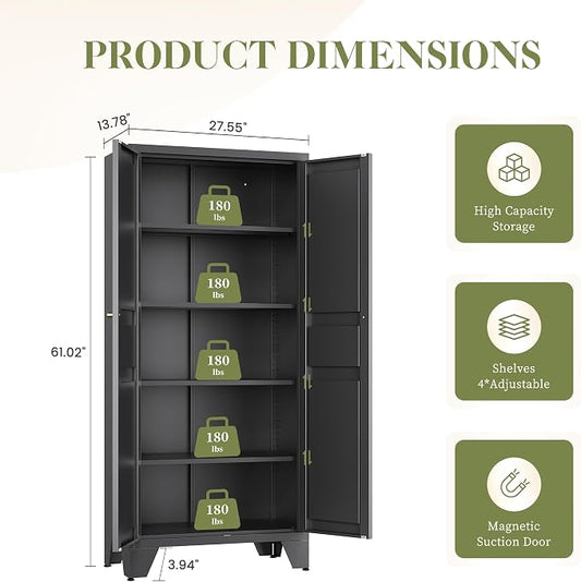 RAVIGIN Metal Storage Cabinet,61" H Pantry Cabinet with 2 Doors and 4 Adjustable Shelves,5 Tier Tall Kitchen Storage Cabinets for Kitchen,Pantry,Living/Study/Laundry Room(Black)