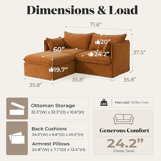 Cloud Modular Loveseat + Ottoman, Oversized Deep Seat, Luxe Chenille | Fully Removable Washable Covers, Memory Foam Seat Cushions, Storage Ottoman, Premium Fabric