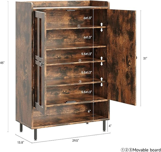 ONBRILL Shoe Storage Cabinet with Cross Molding Doors, 6-Tier Shoe Cabinet with 3 Adjustable Shelves and Metal Legs, 45 Inch Tall Shoes Rack Organizer for Entryway, Front Door, Rustic Brown