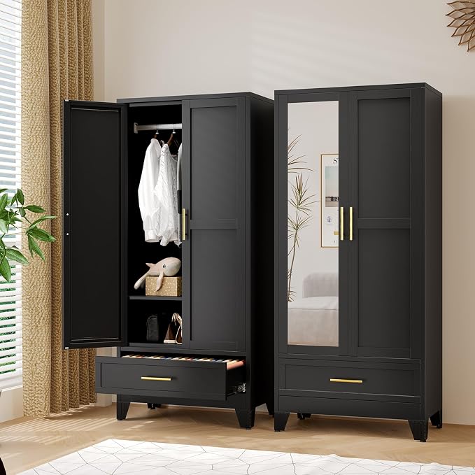 Metal Armoire Wardrobe Closet Storage Cabinet with Mirror Black, 71'' Wardrobe Cabinet with Hanging Rod Metal Closet with Adjustable Shelf and Drawer for Bedroom, Laundry Room, Cloak Room