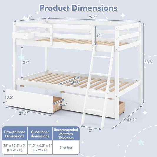 KOTEK Bunk Bed Twin Over Twin with 2 Storage Drawers, Solid Wood Bunk Bed Frame with Storage Cube, Guardrails, Ladder, No Box Spring Needed, Twin Bunk Beds for Kids Teens (White)