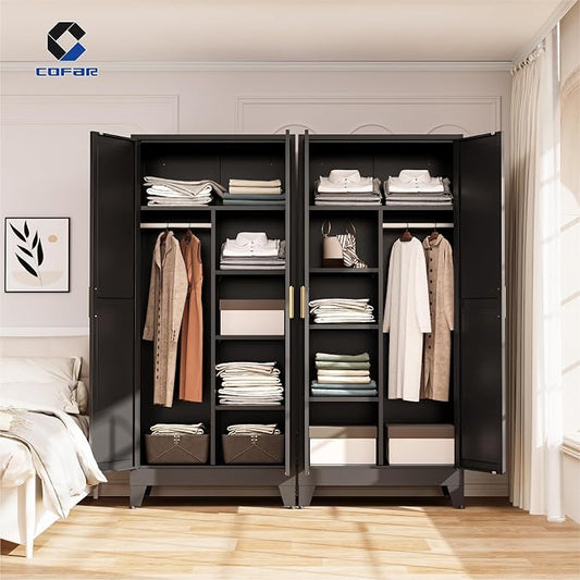 COFaR Metal Wardrobe Closet, 71'' Tall Steel Bedroom Armoire with Adjustable Hanging Rod and Shelves, Broom Closet Storage Cabinet for Garage Laundry Office, Farmhouse Black
