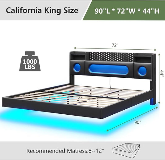 Dnxao California King Bed Frames with Hidden Storage Headboard, PU Black | Floating Bed Frame with LED Lights & Charging Station, No Noise, No Box Spring Needed, Hidden Storage, Easy Assembly