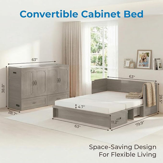 Mjkone Queen Size Murphy Cabinet Bed with Mattress Include, Queen Cube Cabinet Bed with Storage Drawer, Modern Murphy Beds with USB Charging Station for Guest Room Living Room Apartment, Grey