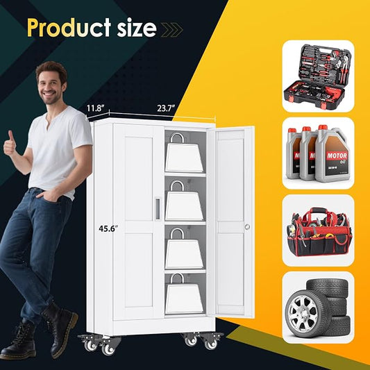 PAOFIN Metal Garage Storage Cabinet with Wheels,Steel File Cabinets with 2 Doors and 3 Adjustable Shelves for Home Office, Warehouse, Required Assembly,White