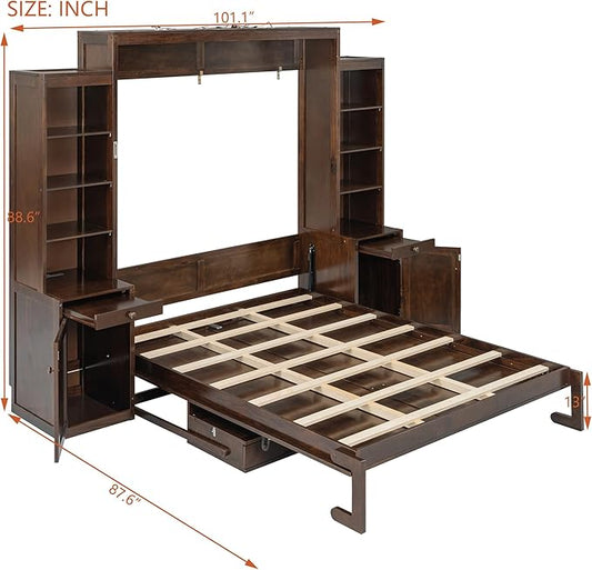 Merax Murphy Bed with Desk, Storage Cabinets and Drawers, Wood Wall Bed with Shelves, Convert to Cabinet, Space-Saving, Queen Size, Dark Brown
