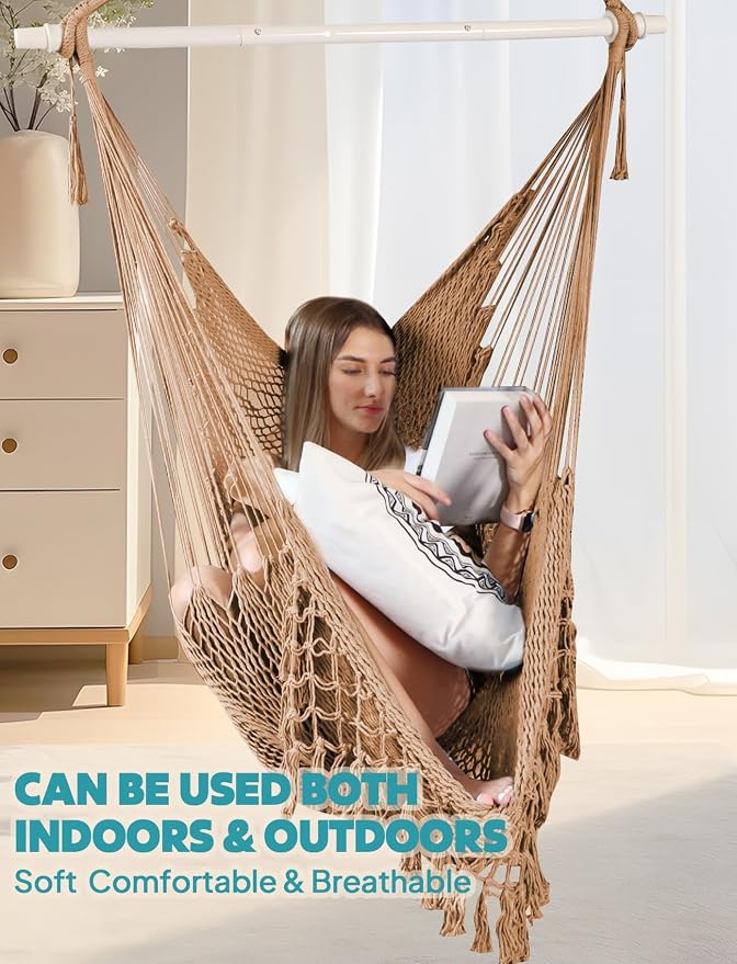 Chihee Hammock Chair Handmade Hanging Chair Cotton Rope Woven Hanging Seat Soft-Spun Large Stretch Hammock Swing, Collapsible Strong Metal Spreader Bar Elegant Macrame Comfort Indoor Outdoor Garden