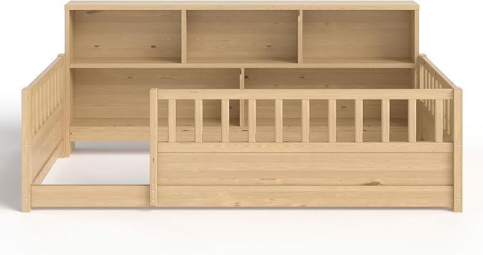 Bellemave Twin Size Montessori Floor Bed with Bookcase, Twin Floor Bed with High Fence and Storage Shelves, Easy Assemble Montessori Beds Frame for Girls, Boys, Natural