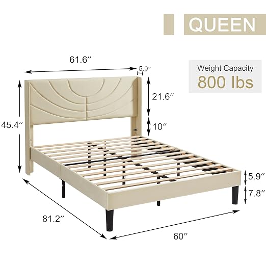 VECELO Upholstered Platform Queen Bed Frame with Fabric Headboard,Wooden Slats Support/No Box Spring Needed/Mattress Foundation,Beige