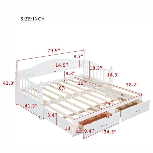 Merax Multifunctional Extending Day Bed with Trundle & Drawers Twin to King Wood Sofa Bed with Headboard No Box Spring Needed White