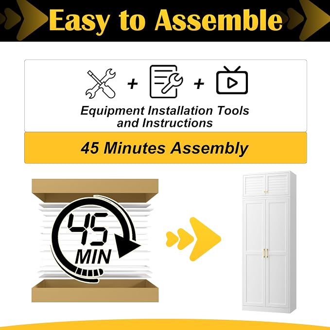 SteeLoong 86“ Kitchen Pantry Cabinet,Metal Storage Cabinets with Doors and 4 Adjustable Shelves,White Kitchen Cabinet with 4 Gold Handles,Tall Cabinet for Livingroom,Pantry, Bathroom