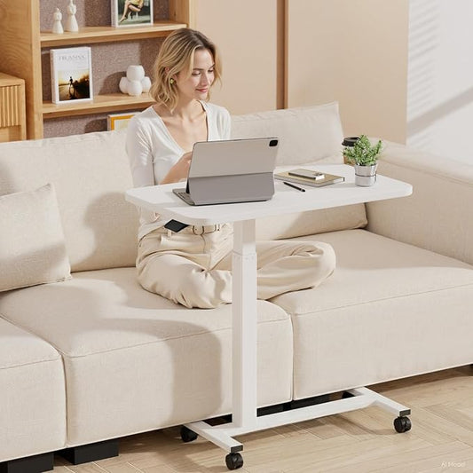 GTPLAYER Small Standing Desk with Lockable Wheels, Pneumatic Mobile Rolling Laptop Desk,Adjustable Height Overbed Bedside Table Computer Workstation for Home Office (28" W x 16" D, White)