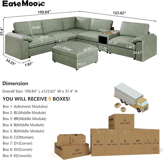 EASE MOOSE Oversized Corner Modular Sectional Sofa with Ottoman and Console,Faux Leather Sectional Sofa with Deep Seat,Scratch Resistant Faux Leather Material,Extra Large L Shaped Couch,Green