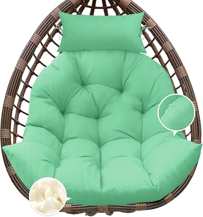 Outdoor Hanging Egg Chair Cushion Replacement, Thicken Egg Chair Cushion Waterproof Basket Eggs Chairs Cushion with Headrest Pillow, U-Shaped Cushions for Hanging Eggs Chairs Swing (Cyan)