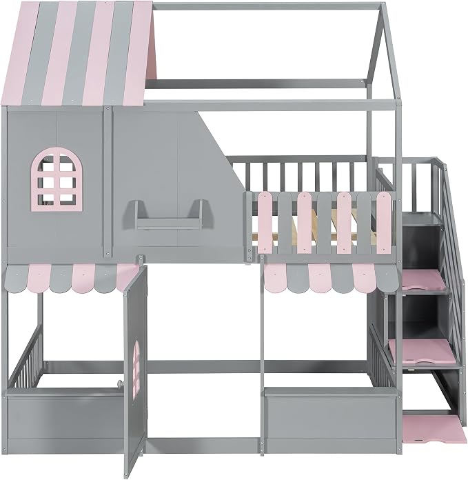 Merax Full Over Full Wood House Bunk Bed with Storage Staircase & Shelves, Floor Multifunction Bunk Bed with Full Length Gardrails for Bedroom,Playhouse Design, Roof & Door, Space Saving, Gray+Pink