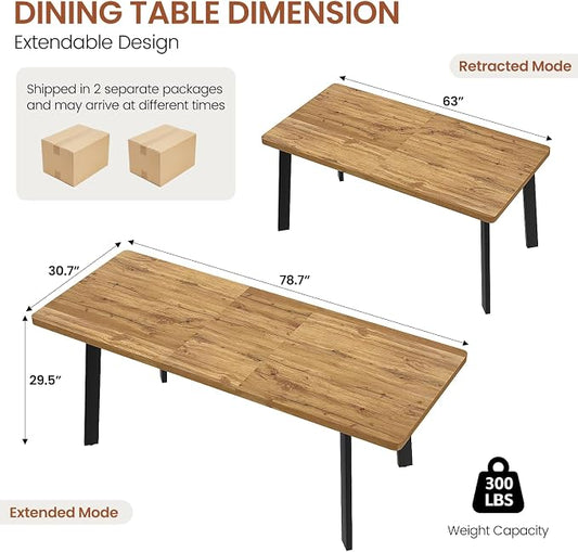 Extendable Dining Table for 6 to 8 People, 63" to 78.7" Modern Kitchen Table with Removable Extension Leaf, MDF Expandable Dining Room Table Compact for Small Spaces, Walnut