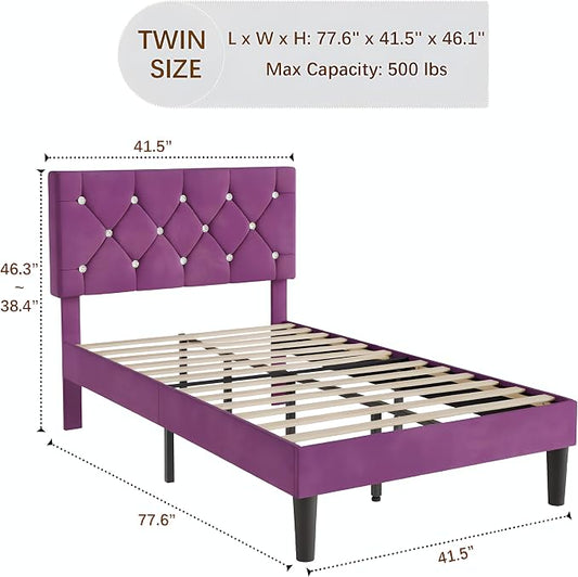 VECELO Twin Size Bed Frame with Diamond Tufted Headboard, Upholstered Platform Bedframe with Wood Slat Support, No Box Spring Needed, Velvet & Purple
