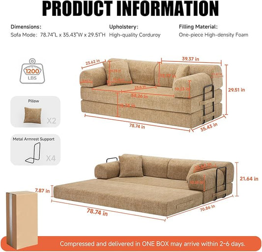 78.8" Memory Foam Boneless Couch, Corduroy Floor Sofa Bed, Convertible Sleeper Futon Loveseat, Wide Armrests & Back Support, Supports Up to 1200 lbs, Couch in a Box with 2 Pillows, Ochre