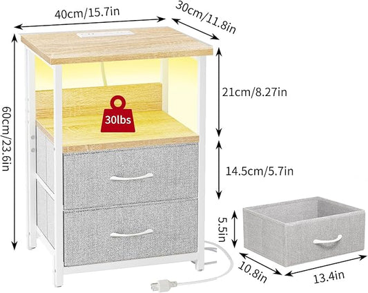 Fixwal Night Stand with Charging Station, LED Nightstand with U-S-B Ports and Outlets, 2 Fabric Storage Drawers with PU Finish, Small Bedside Table, Natural Oak & Light Grey