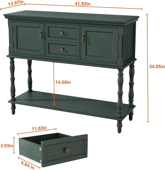 ARTPOWER Console Table with 2 Drawers, Retro Entryway Table with 2 Door Cabinets and Open Storage Shelf, Narrow Long Behind Couch Sofa Table for Living Room, Foyer, Hallway, Green