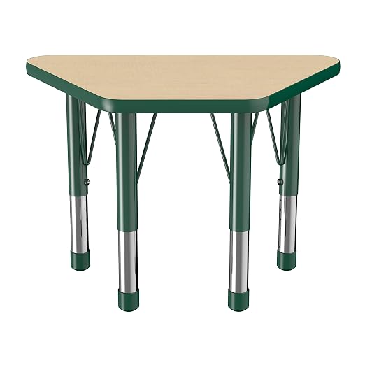 FDP Trapezoid Activity School and Classroom Kids Table (18 x 30 inch), Chunky Toddler Legs for Collaborative Seating Environments, Adjustable Height 15-24 inches - Maple Top and Green Edge