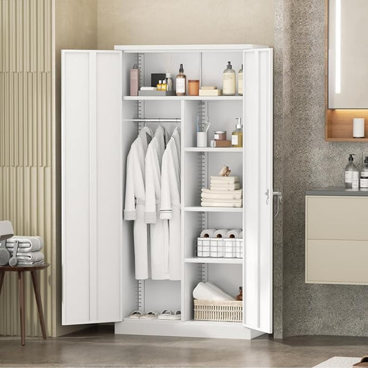 INTERGREAT Metal Storage Cabinet,Armoire Wardrobe Closet with 4 Adjustable Shelves and Hanging Rod,Metal Wardrobe Cabinet with Lockable Doors for Home Office,Warehouse,Garage,White