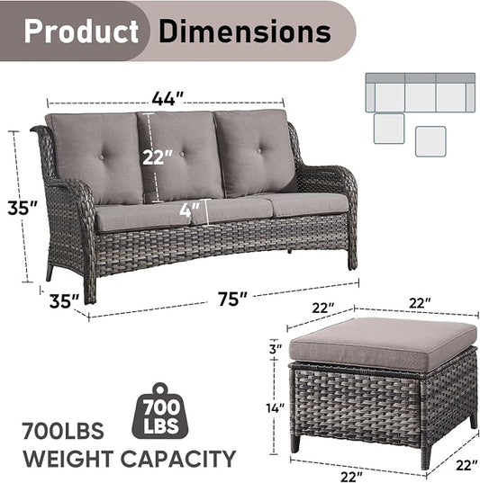 Outdoor Patio Furniture - 3 Seater Outdoor Rattan Wicker Sofa Patio Couch with Ottoman for Porch Deck Garden Backyard - Grey/Grey