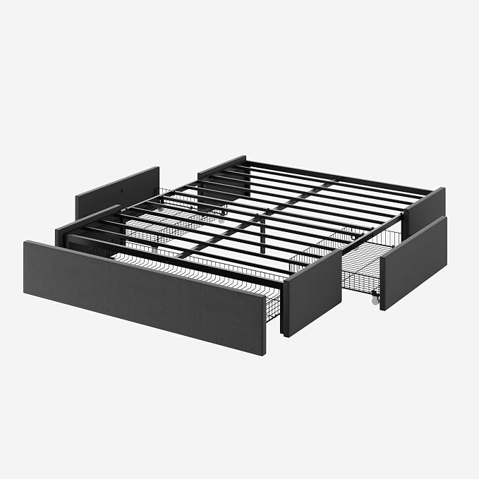 Allewie Queen Size Platform Bed Frame with 3 Storage Drawers, Fabric Upholstered, No Box Spring Needed, Metal Slats Support, Easy Assembly, Dark Gray