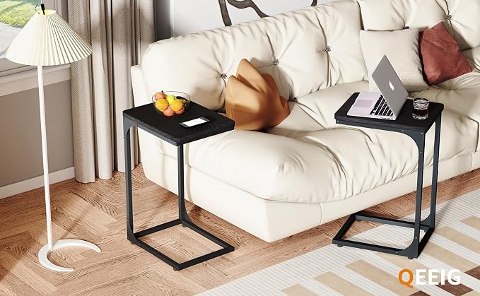 QEEIG C Table Side Table Set of 2 Living Room Sets C Shaped Couch Tray End Tables Modern, Black (017-30B)