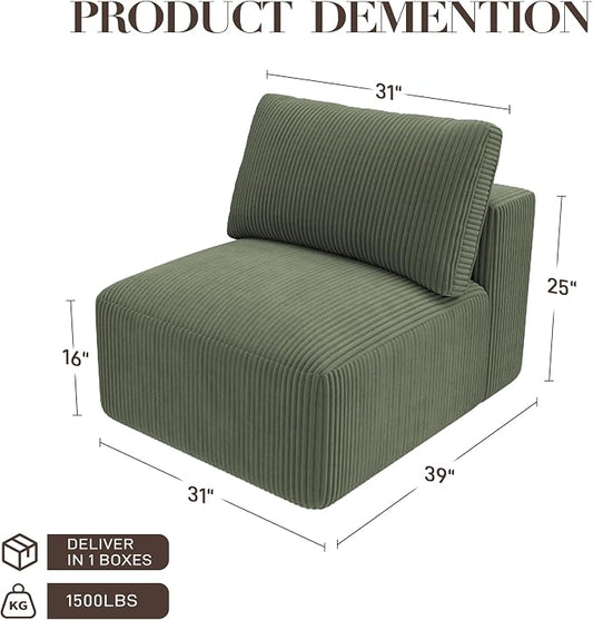 Modular Sectional Sofa Extension, Armless Memory Foam Cloud Chair, 31" Boneless Corduroy Upholstered Single Seat, No Assembly Required Accent Chair for Living Room Apartment Home Decor, Green