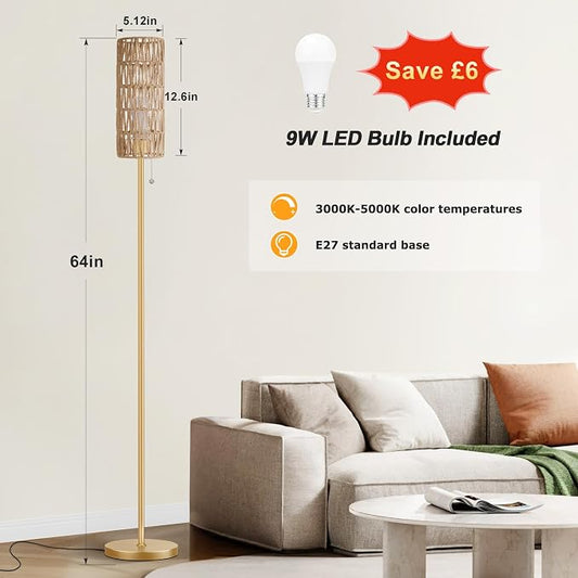 Ambimall 64'' Floor Lamp for Living Room with 3 Color Temperatures Bulb, Boho Gold Standing Lamp with Beige Rattan Shade