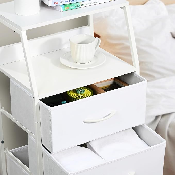 White Dresser for Bedroom, Storage Organizer with 4 Drawers, Vertical Fabric Storage Stand, Nightstand Bedside Table, Sturdy Steel Frame & Wooden Top