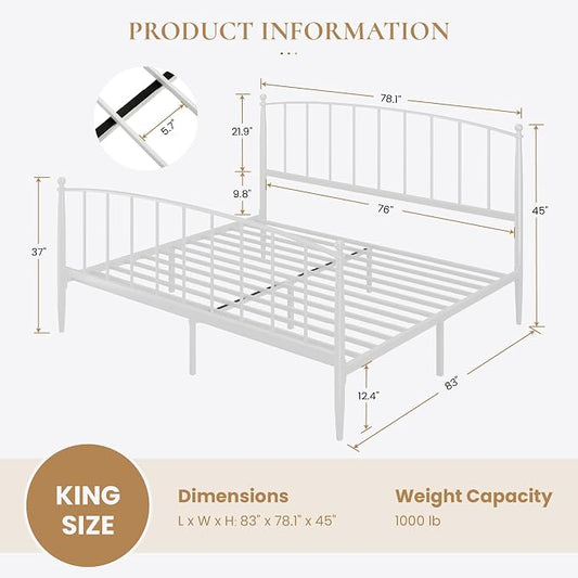 SHA CERLIN King Size Metal Platform Bed Frame with Victorian Style Iron-Art Headboard and Footboard, Easy Assembly, No Box Spring Needed, White