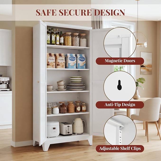 71" Metal Kitchen Pantry Cabinet with Dual Handles & Adjustable Legs, Freestanding Storage Cabinet with Doors and 4 Adjustable Shelves, Tall Food Pantry for Kitchen Dining Room, White