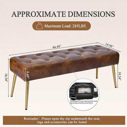 DUHOME Button-Tufted Ottoman Bench, Upholstered Bedroom Benches with Gold Legs Faux Leather Bench for Entryway Dining Room Living Room Bedroom End of Bed, Yellowish Brown