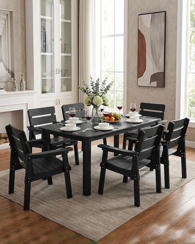 7-Piece Outdoor Dining Set, All-Weather HIPS Patio Table & Chairs for 6, Outdoor Furniture with Umbrella Hole, Ideal for Garden, Poolside, Backyard, Deck, Black