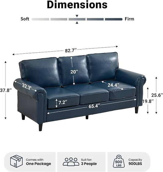 Kingfun Faux Leather 3 Seater Couch, Mid Century Modern Sofa with Rolled Arms and Deep Seats, Fluffy Comfort for Living Room, Apartment, Easy Assembly, Blue