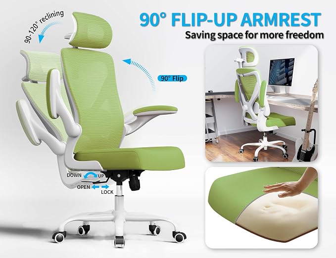 Ergonomic Office Chair - Mesh Desk Chair with Adjustable Lumbar Support High Back Computer Gaming Chairs - Big and Tall Office Chairs Adults, Comfortable for Long Hours, Green