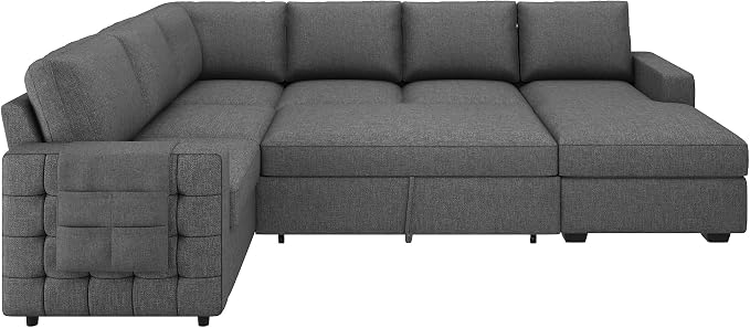 HONBAY Sectional Sleeper Sofa with Pull-Out Bed Storage Chaise, 6 Seaters Couch for Living Room, Light Grey