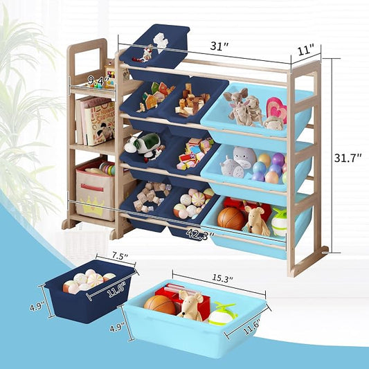 Toy Storage Organizer - Toy Organizers and Storage with Bookshelf, Toy Storage Shelf with 3 Shelves and 12 Storage Bins, Kids Bookshelf and Toy Storage for Kids Room, Playroom, Bedroom, Nursery, Blue