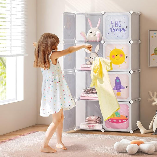 INFANS Children Wardrobe, Kid Closet Portable Baby Dresser Cute for Kids Bedroom Nursery Armoire with Doors 12 Cube 2 Hanging Sections, Kid Clothes Storage Organizer (White, 8 Cubes)