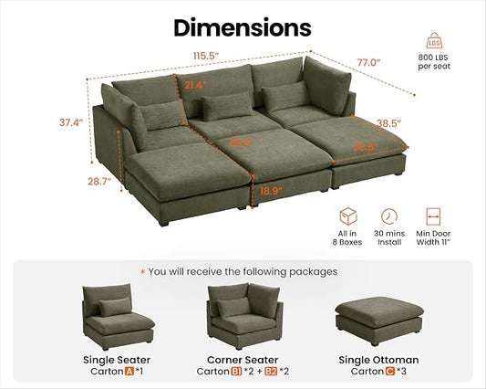 115" Oversized Chenille Couch Modular Sectional Sofa, Washable Cloud Couch Sectional with 3 Ottoman, 6 Seater Sectional Couches for Living Room, Fully Cover Removable, Sleeper Sofa, Chenille, Green