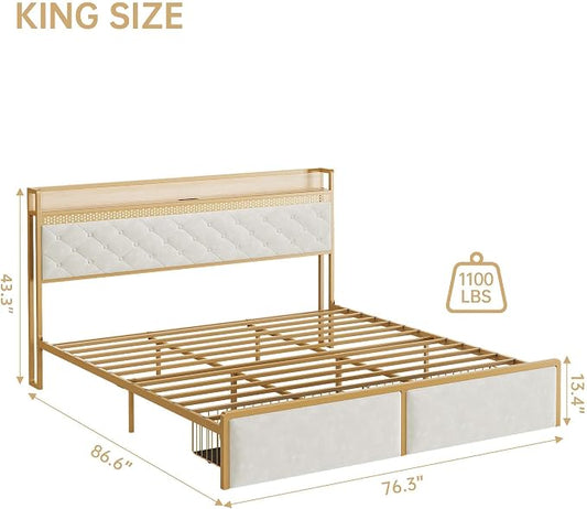 GarveeHome King Bed Frame with 2 Storage Drawers, LED Bed Frame with 2-Tier Storage Headboard&Charging Station, Metal Platform Bed Frame, No Box Spring Needed, Noise Free, White