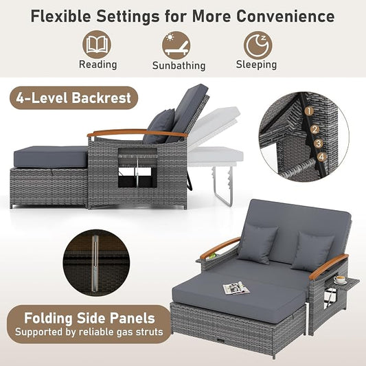 LDAILY Moccha Outdoor Wicker Daybed, Patio Rattan Loveseat Sofa w/ 4-Level Adjustable Backrest, Folding Panels, Storage Ottoman & Cushions, Lounge Furniture Set for Poolside Backyard Porch (Grey)